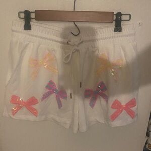 White Drawstring Athletic Shorts with Pink & Multicolor Bow Accents